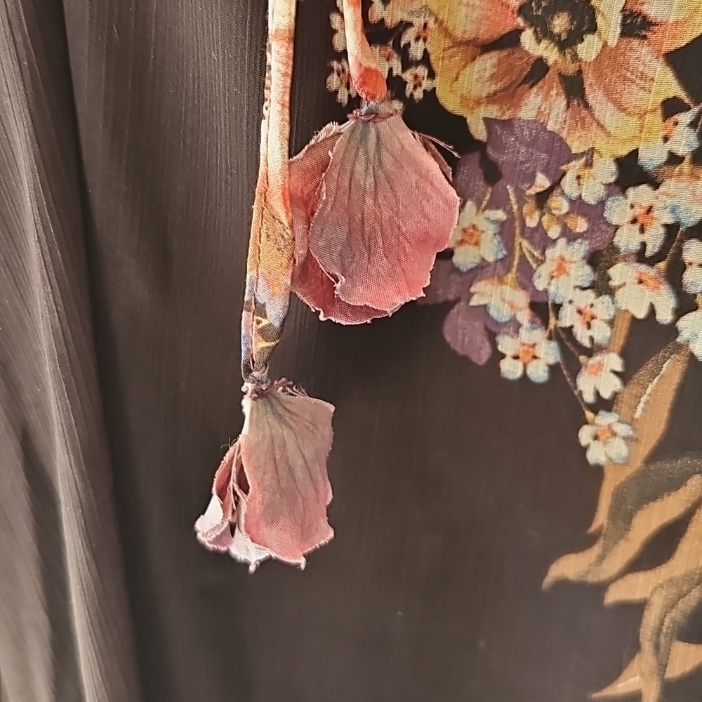 Rachel Zoe Whimsical Black Multicolor Sheer Floral Tie Neck Blouse M - Picture 4 of 5